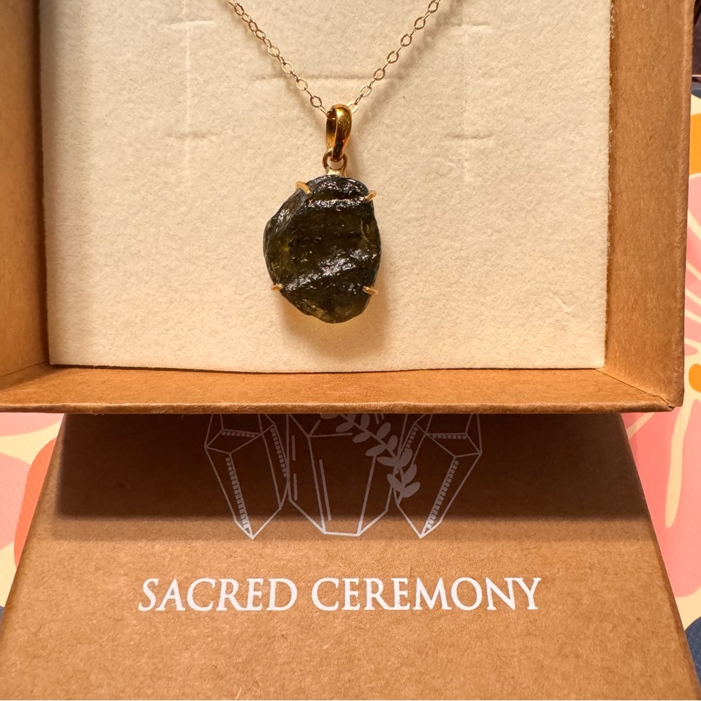 Moldavite Green & Gold Pendant Necklace